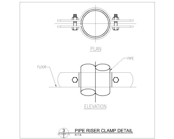Pipe Riser Clamp details for plumbing work. CAD block in DWG format free download.