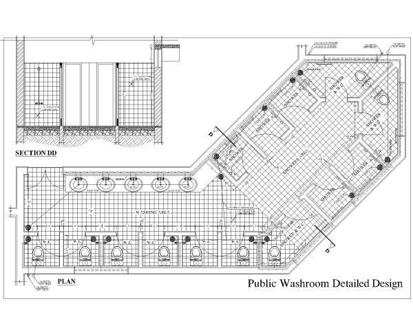 Public Wash & Bathrooms Ground Floor Plan-1 architectural & structural drawings. CAD block in DWG format free download.