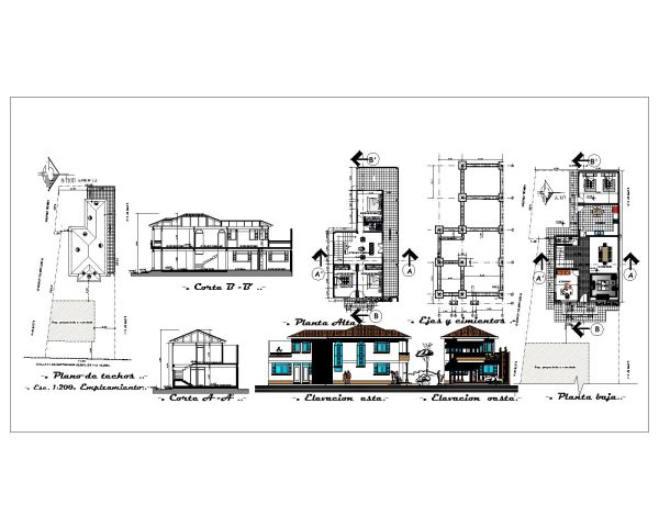 Single family double story house submission drawings. CAD block in DWG format free download.