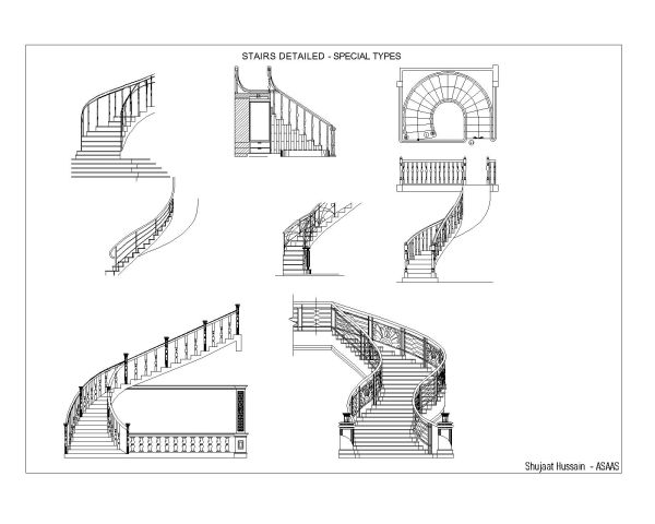 Stair different Shapes & designs (Plan-Elevation-Side Views)-.3. CAD block in DWG format free download.