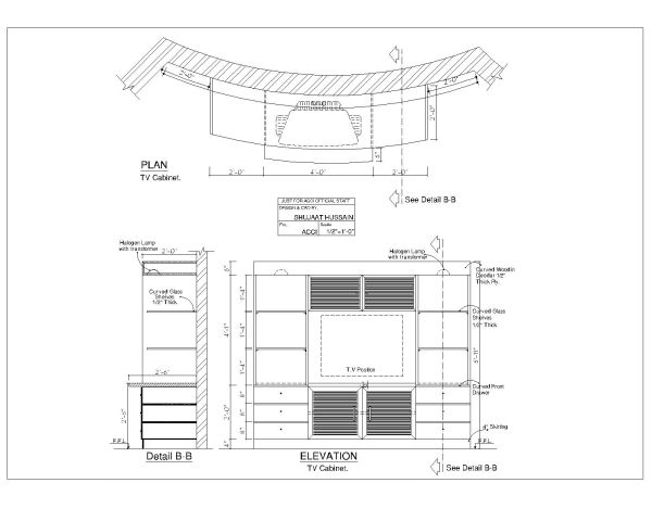 TV Cabinet Design with detailed Plan, Section & Elevation. CAD block in DWG format free download.