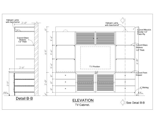 TV CABINET DESIGN DETAIL PLAN & ELEVATION. CAD block in DWG format free download.