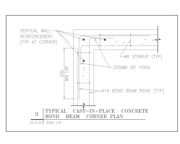 Free AutoCAD 2D Editable Drawings for Typical Cast in Place Concrete Bond Beam Corner Plan