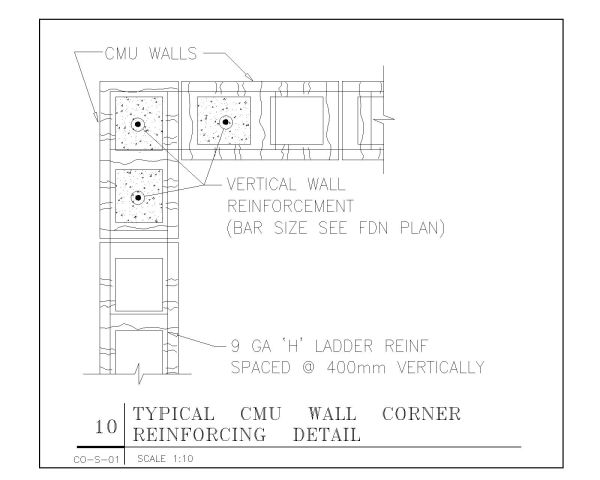 Typical CMU Wall Corner Reinforcing Detail.  CAD block in DWG format free download.
