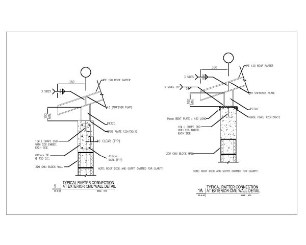 Typical Rafter Connection at Exterior & Interior CMU Wall Detail. CAD block in DWG format free download.
