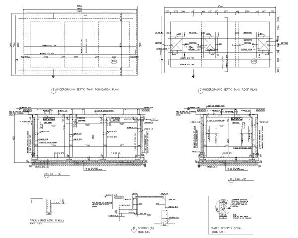 Under Ground Septic Tank concrete & reinforcement details. CAD block in DWG format free download.