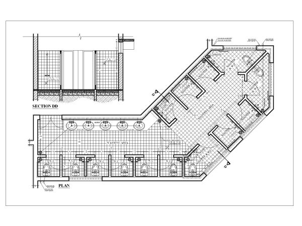 Washroom Detailed Plan & Section Architectural Drawing. CAD block in DWG format free download.