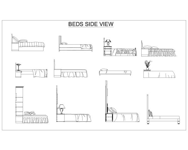 Free AutoCAD 2D Editable Drawings for Wooden Beds Side Views with Drawers, Shelves & Side Tables-3