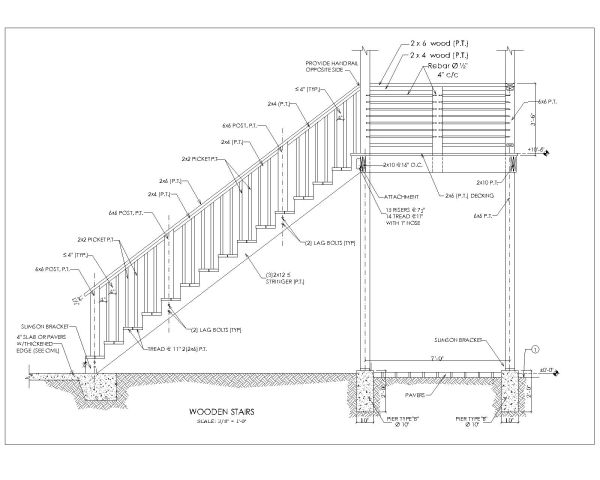 Wooden Stairs Detailed Drawing with RAILING